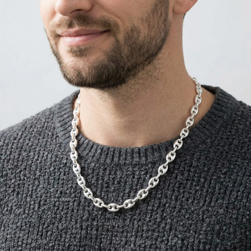Collier Argent Grains de Café 9mm x 60cm porté