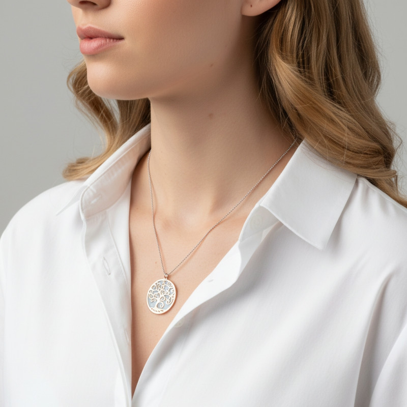 Collier argent rhodié 2 tons arbre de vie porté