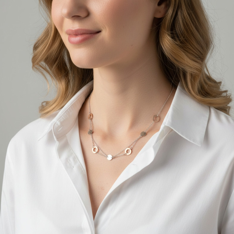 Collier argent rhodié 2 tons cercles porté
