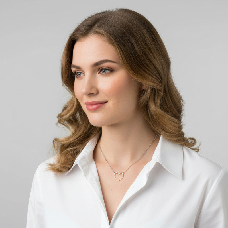 Collier argent rhodié  2 tons coeur porté