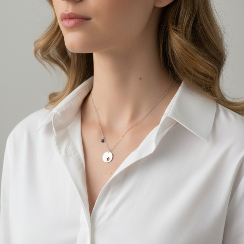 Collier argent rhodié 2 tons étoiles porté