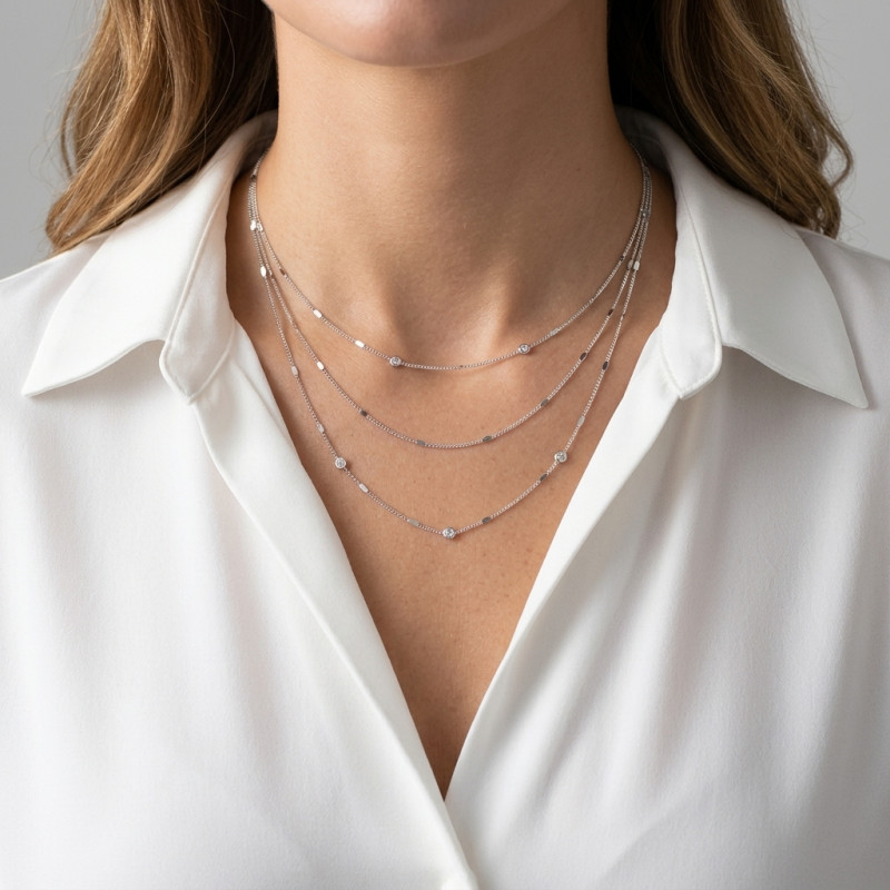 Collier Argent Rhodié 3 rangs avec Oxydes de zirconium porté