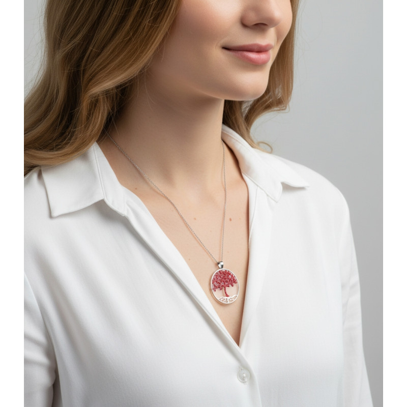 Collier argent rhodié arbre de vie pailleté porté