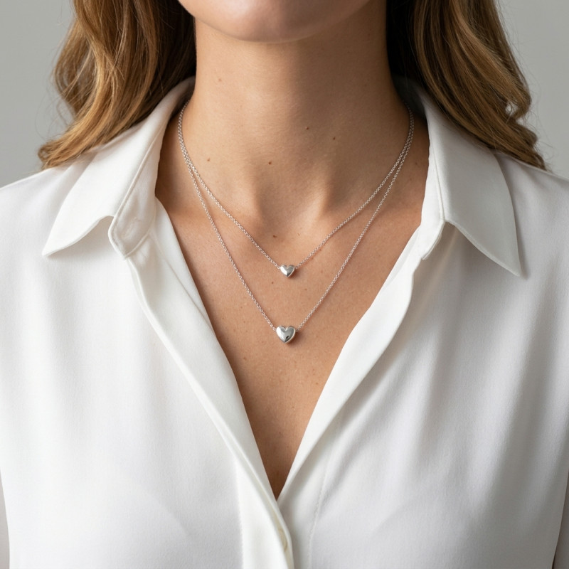 Collier argent rhodié chaine double coeurs porté