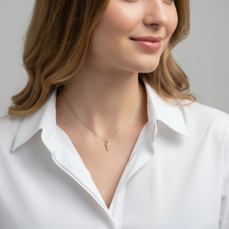 Collier argent rhodié corne d'abondance et étoile  porté