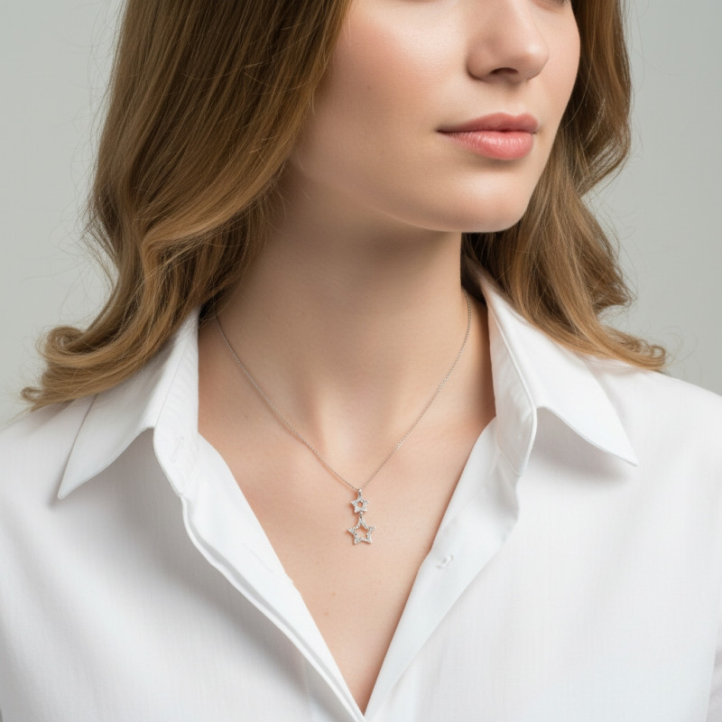 Collier Argent Rhodié Double Etoiles porté