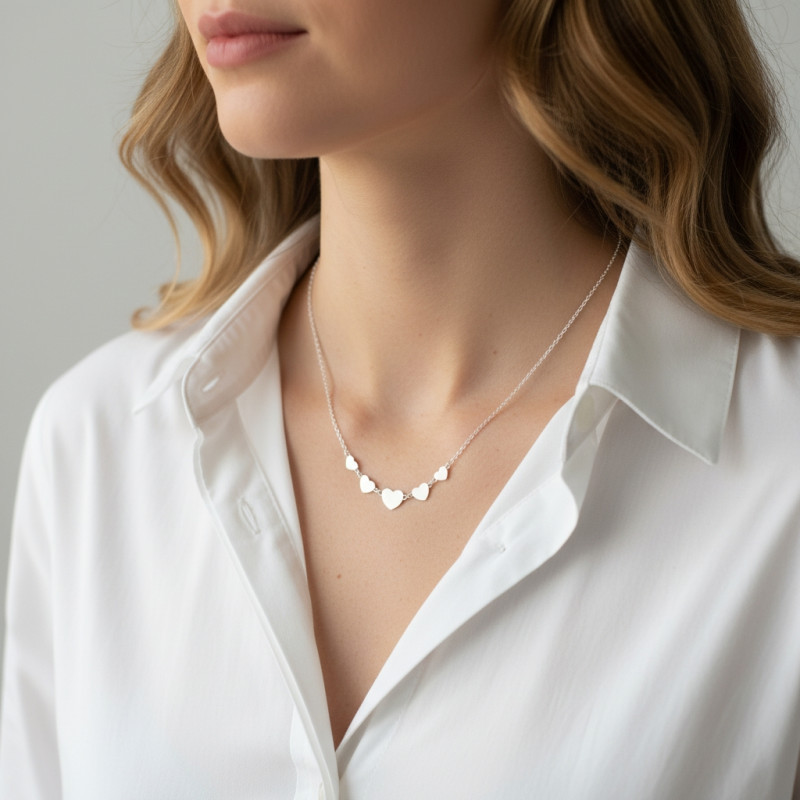 Collier argent rhodié et coeurs porté
