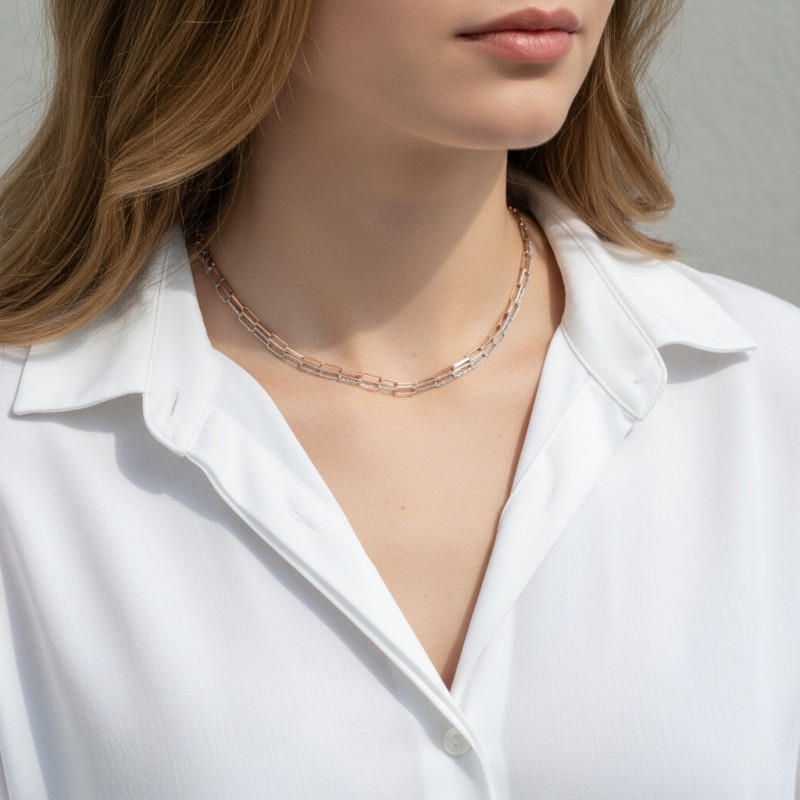 Collier Argent Rhodié et Rosé 2 rangs porté