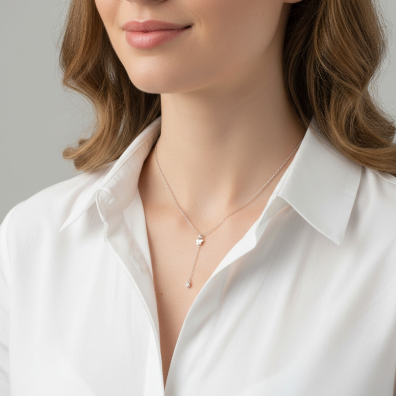 Collier Argent Rhodié Etoile et Oxyde de Zirconium Pendant porté