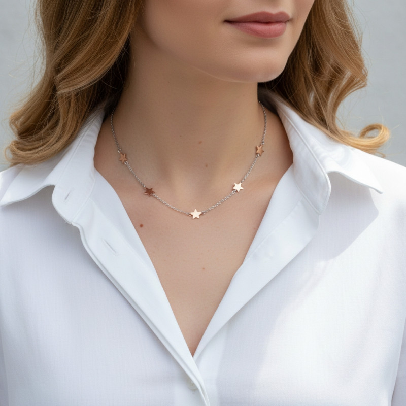 Collier argent rhodié étoiles 2 tons porté