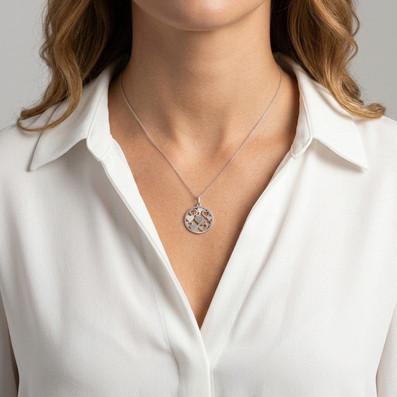Collier argent rhodié médaillon coeurs porté