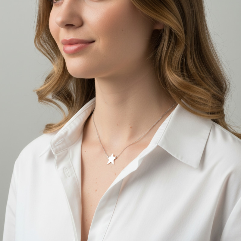 Collier Argent Rhodié Motif Etoile porté