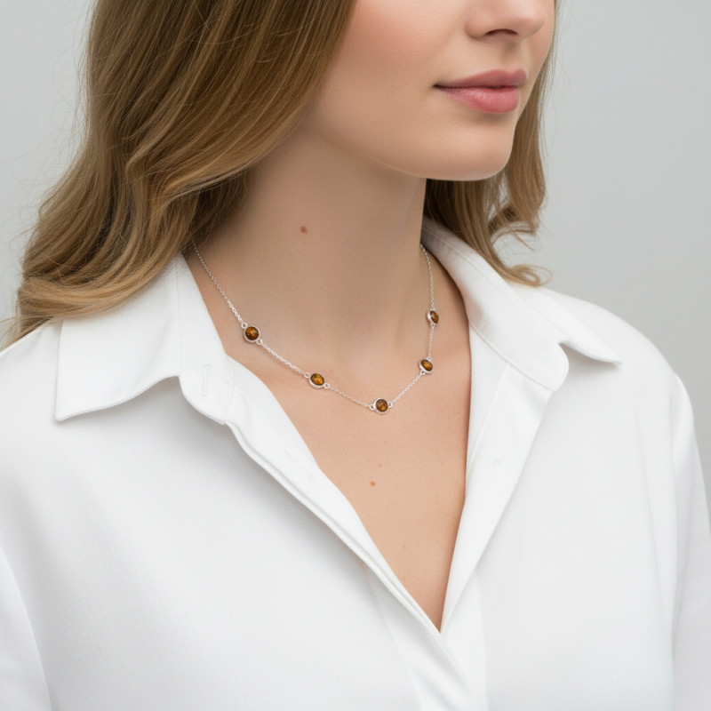 Collier Argent Rhodié Oeil de tigre rond porté