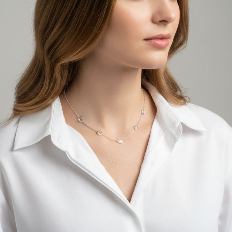 Collier Argent Rhodié Quartz rose rond porté