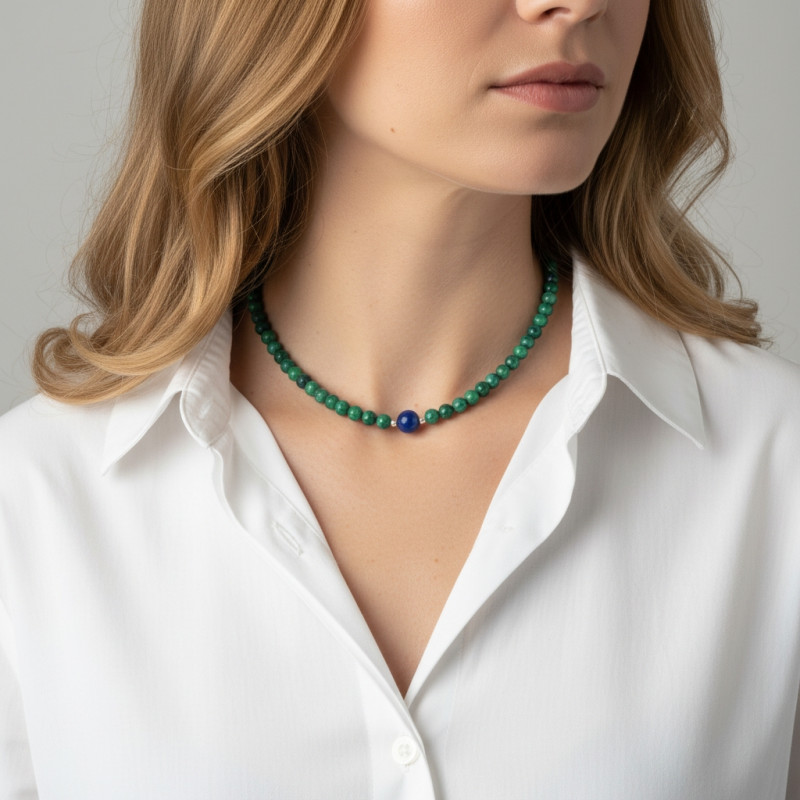 Collier Azurite  6-10mm et Argent porté