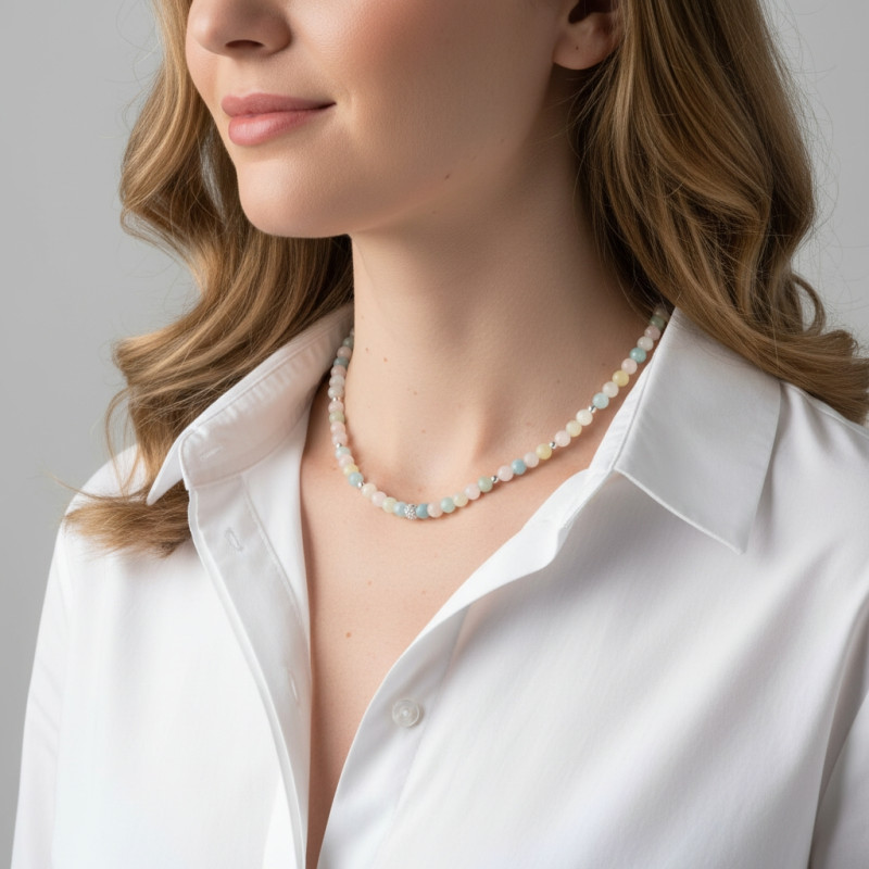 Collier Béryl Multicolore 6mm et Argent porté