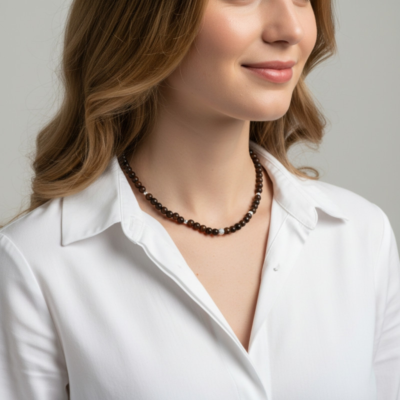 Collier Bronzite 6mm et Argent porté