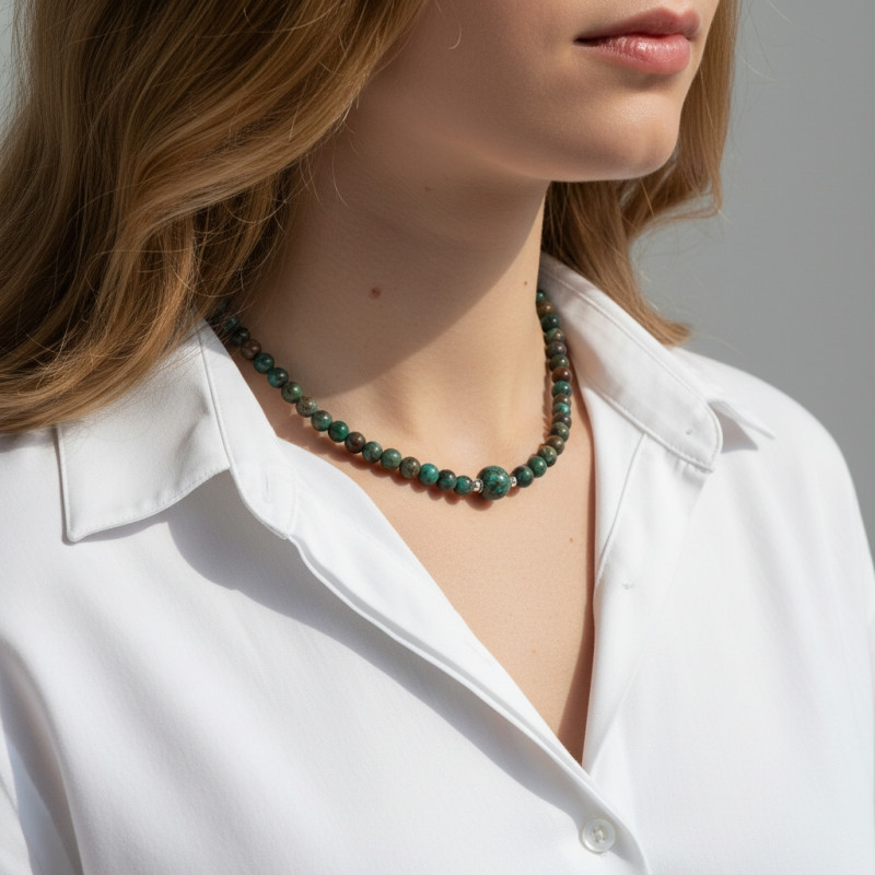 Collier Chrysocolle 6-10mm et Argent porté