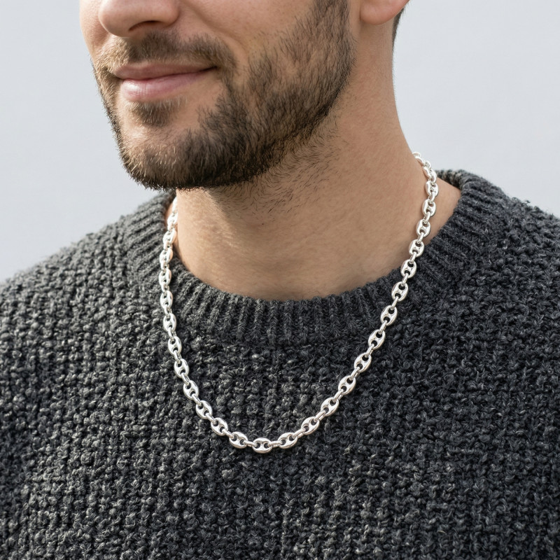 Collier Homme Argent Grains de Cafés 8mm x 50cm porté