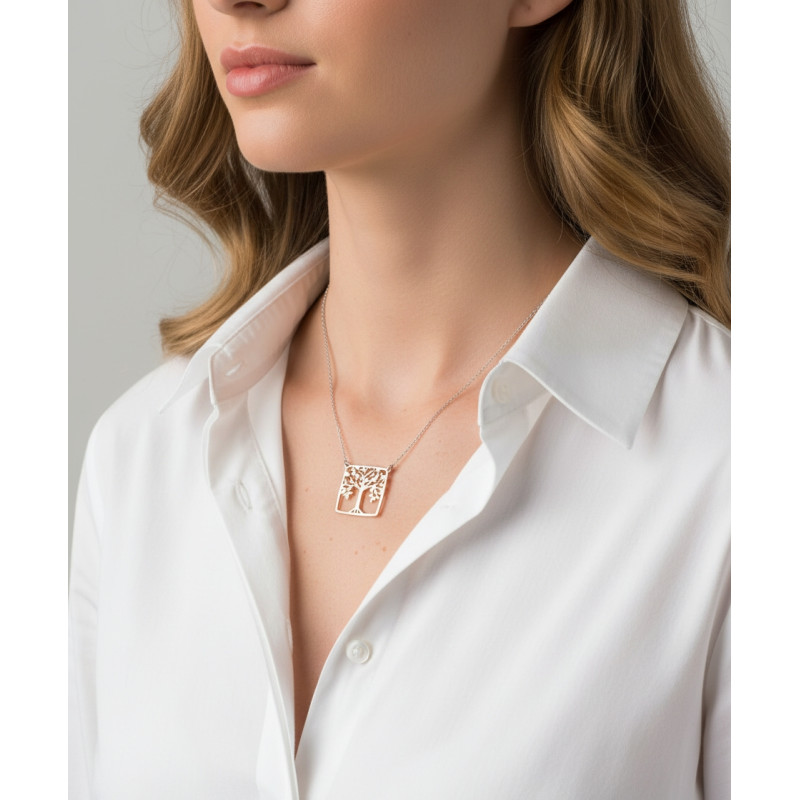 Collier Motif Arbre de Vie Carré en Argent 925 Rhodié 2 tons porté
