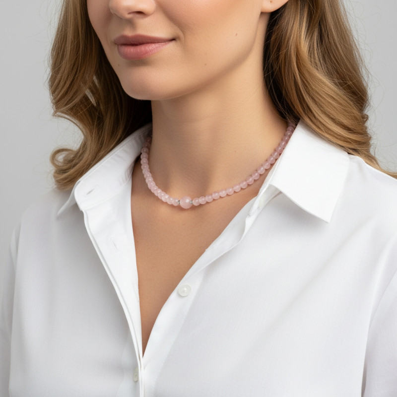 Collier Quartz Rose 6-10mm et Argent porté