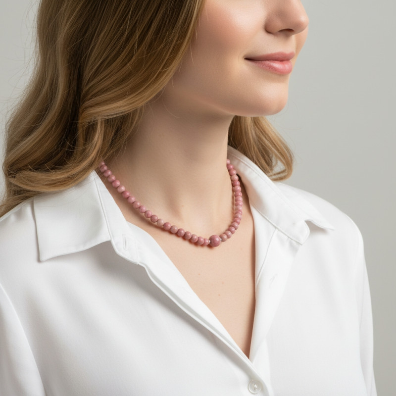 Collier Rhodonite 6-10mm et Argent porté