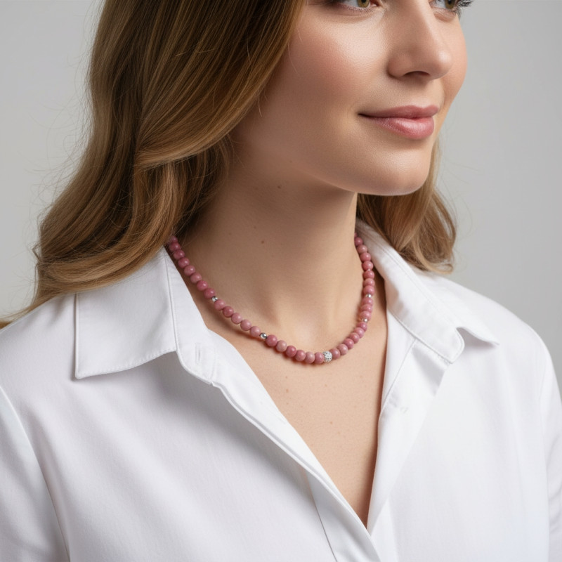 Collier Rhodonite 6mm et Argent porté