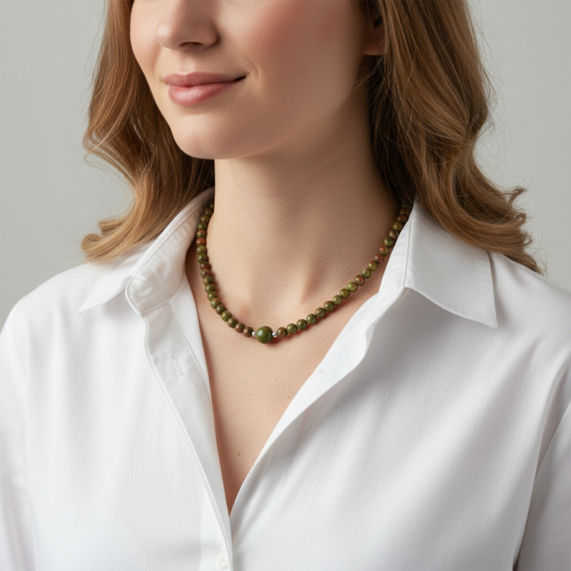 Collier Unakite 6-10mm et Argent porté