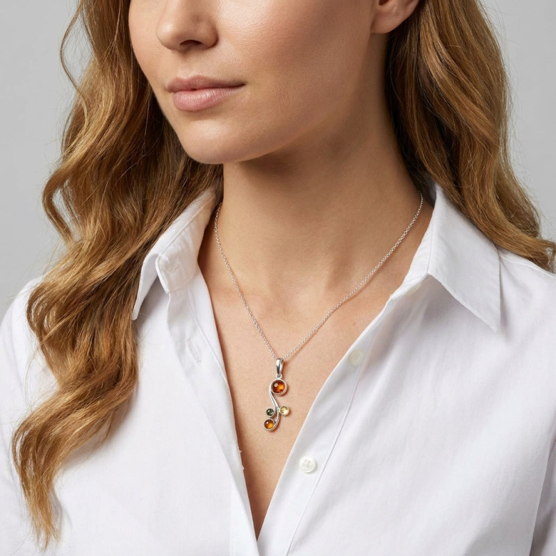 Pendentif Ambre Multicolore et Argent 925 porté