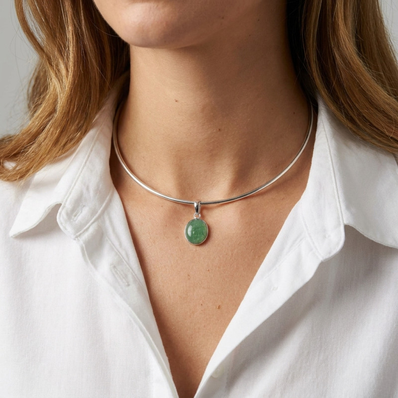 Pendentif Argent 925 Aventurine Cabochon Ovale 14x12mm porté