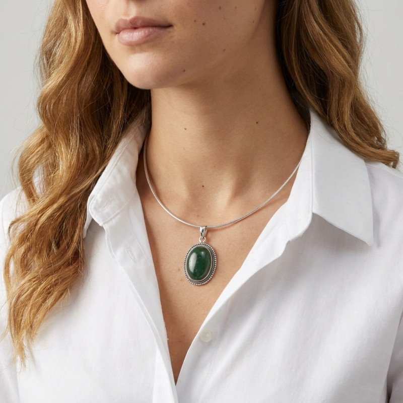 Pendentif Argent 925 Aventurine Ovale 25x18mm porté