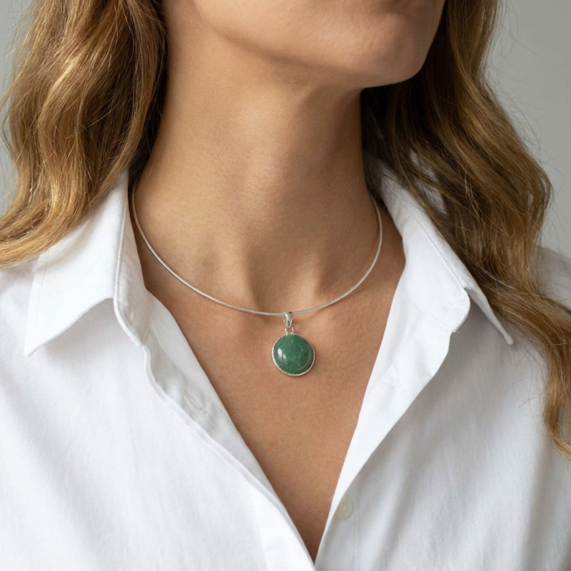 Pendentif Argent 925  Aventurine Ronde 19mm porté