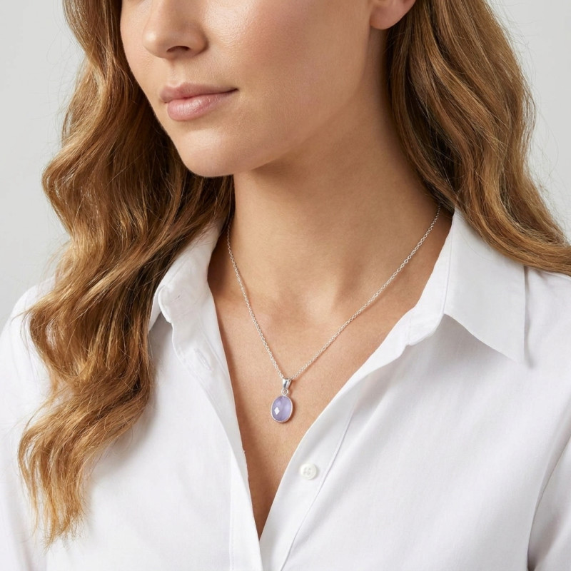 Pendentif Argent 925 Calcédoine Bleue Ovale facettée 11x9mm porté