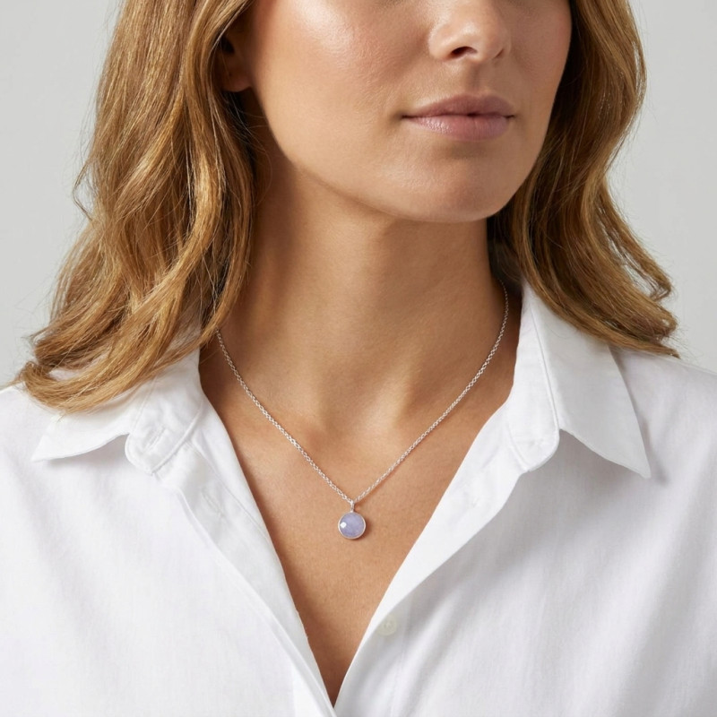 Pendentif Argent 925 Calcédoine Bleue Ronde facettée 8mm porté