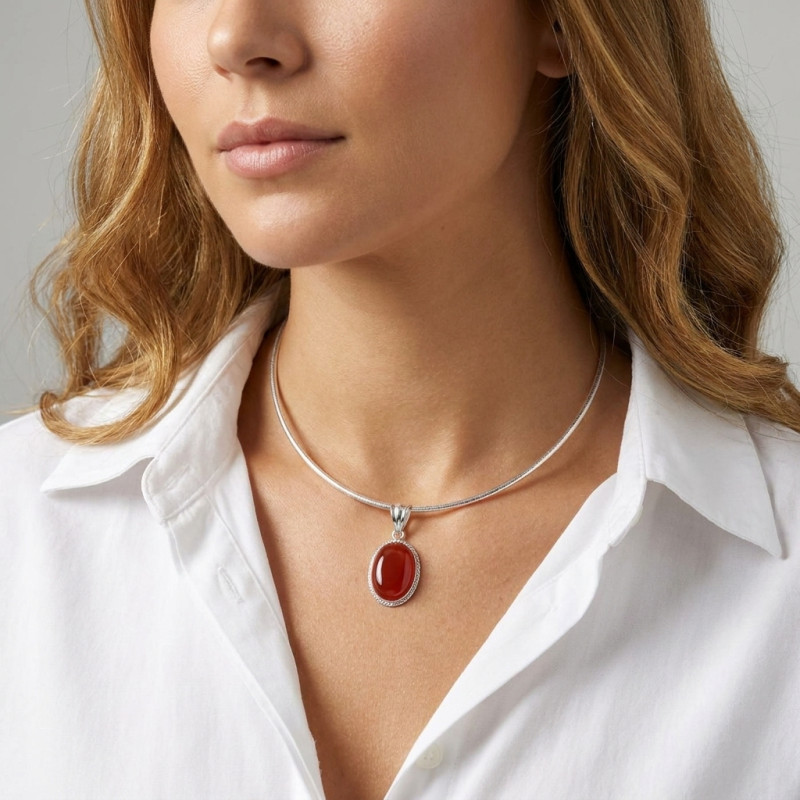 Pendentif Argent 925 Cornaline Ovale   19x13mm porté