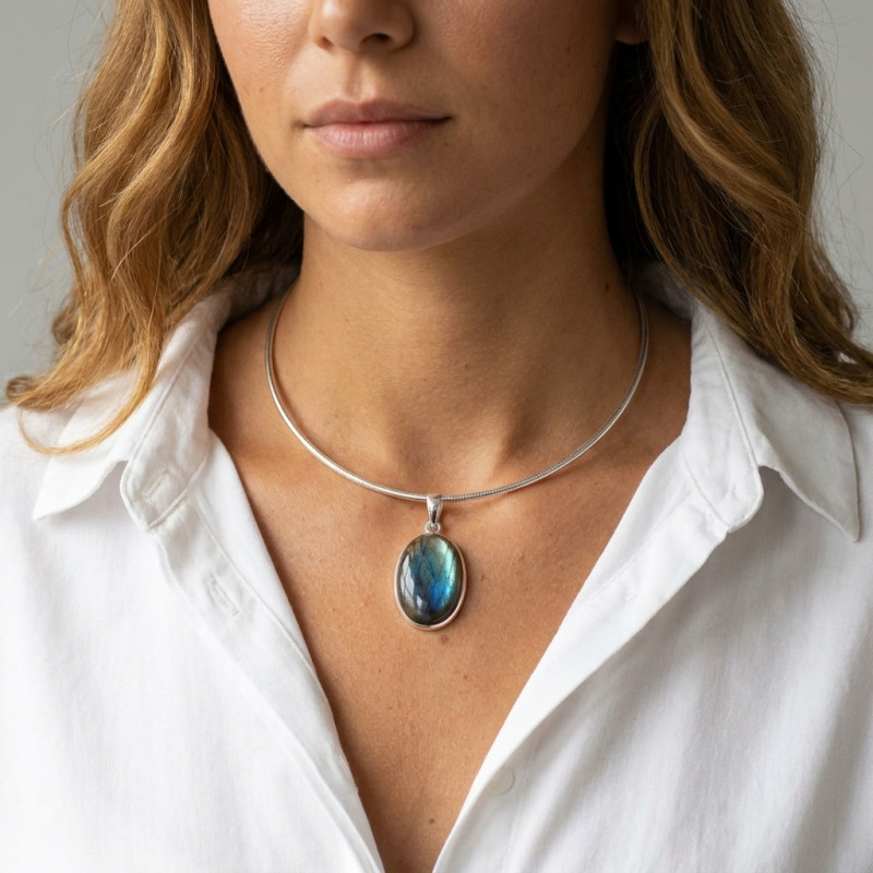Pendentif Argent 925 Labradorite Ovale 18x27mm porté
