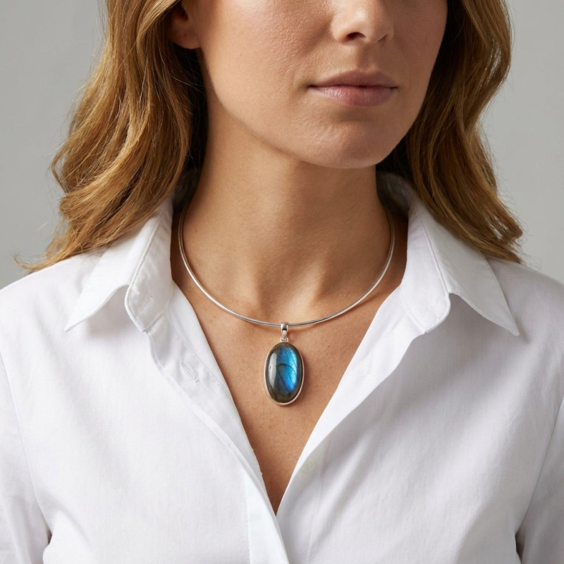 Pendentif Argent 925 Labradorite Ovale 19x32mm porté