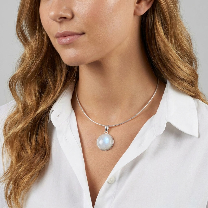 Pendentif Argent 925  Labradorite Ronde 19mm porté