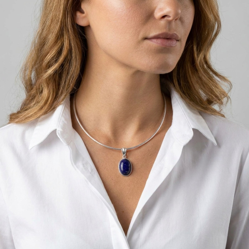 Pendentif Argent 925  Lapis lazuli Ovale   19x13mm porté