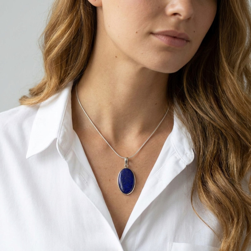 Pendentif Argent 925 Lapis Lazuli Ovale 27x16mm porté