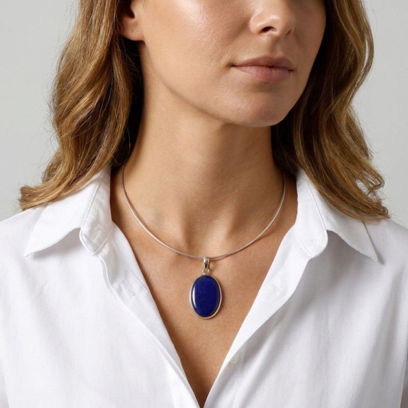 Pendentif Argent 925 Lapis Lazuli Ovale 28x19mm porté