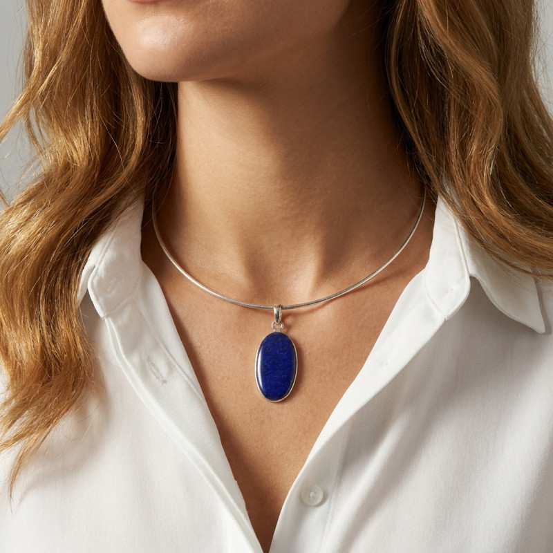 Pendentif Argent 925 Lapis Lazuli Ovale 29x16mm porté