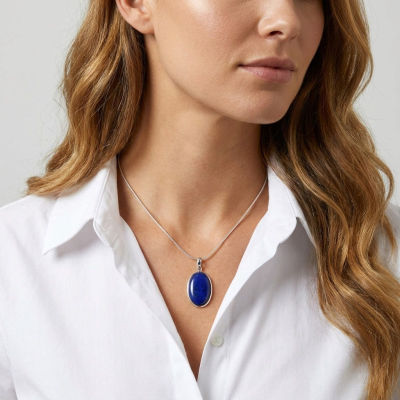 Pendentif Argent 925 Lapis Lazuli Ovale 32x20mm porté