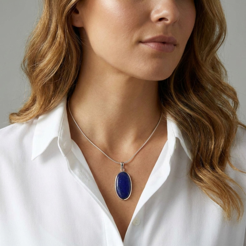 Pendentif Argent 925 Lapis Lazuli Ovale 33x19mm porté