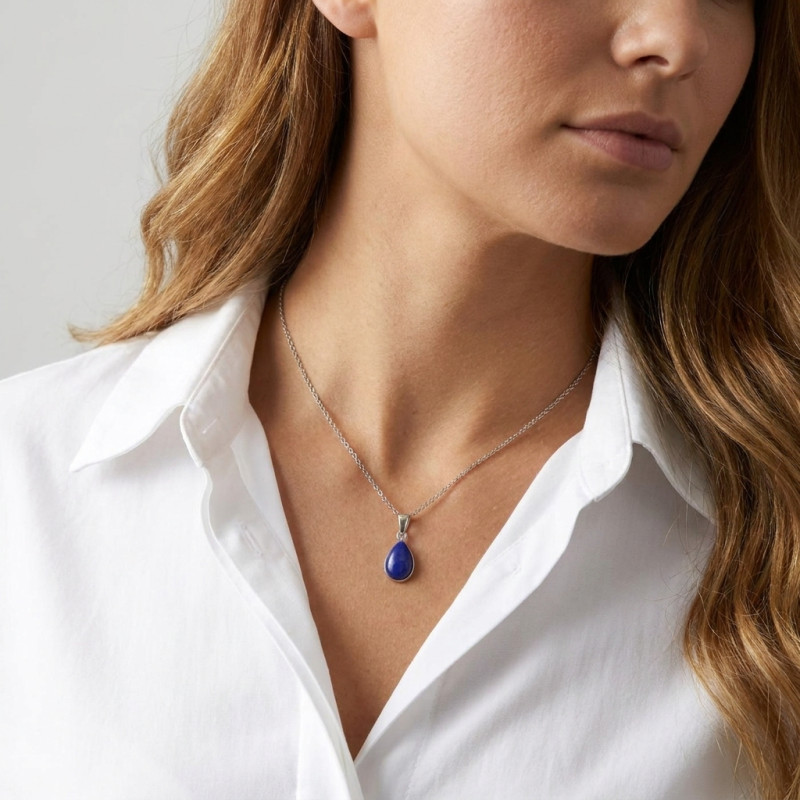 Pendentif Argent 925 Lapis Lazuli Poire 12x8mm Cabochon porté