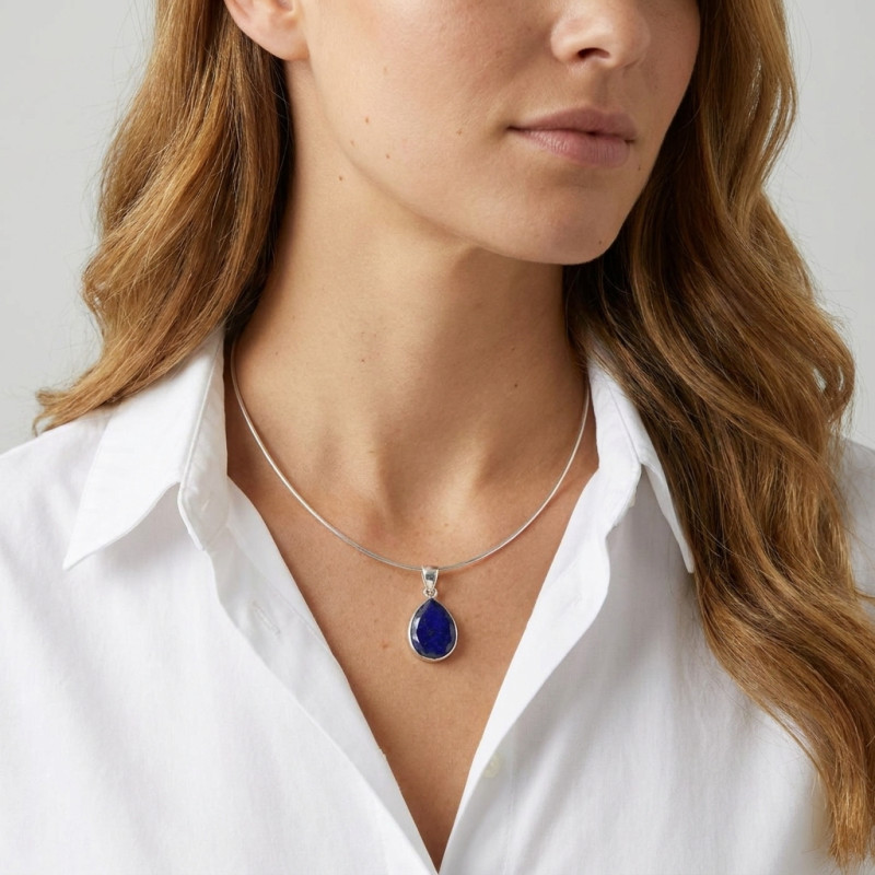 Pendentif Argent 925  Lapis lazuli Poire facetté 18x13mm porté