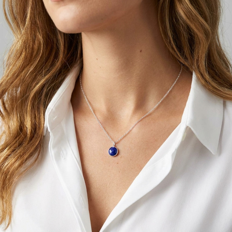 Pendentif Argent 925  Lapis lazuli Rond facetté 8mm porté
