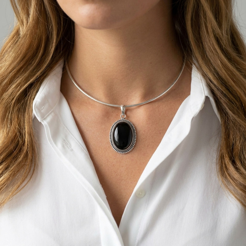 Pendentif Argent 925 Onyx Ovale 25x18mm porté