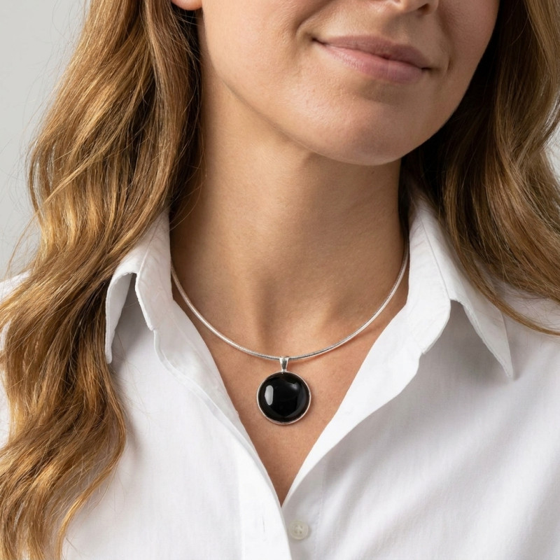Pendentif Argent 925  Onyx Rond 23mm porté