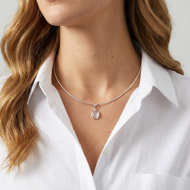 Pendentif Argent 925 Quartz rose Ovale 9x7mm porté